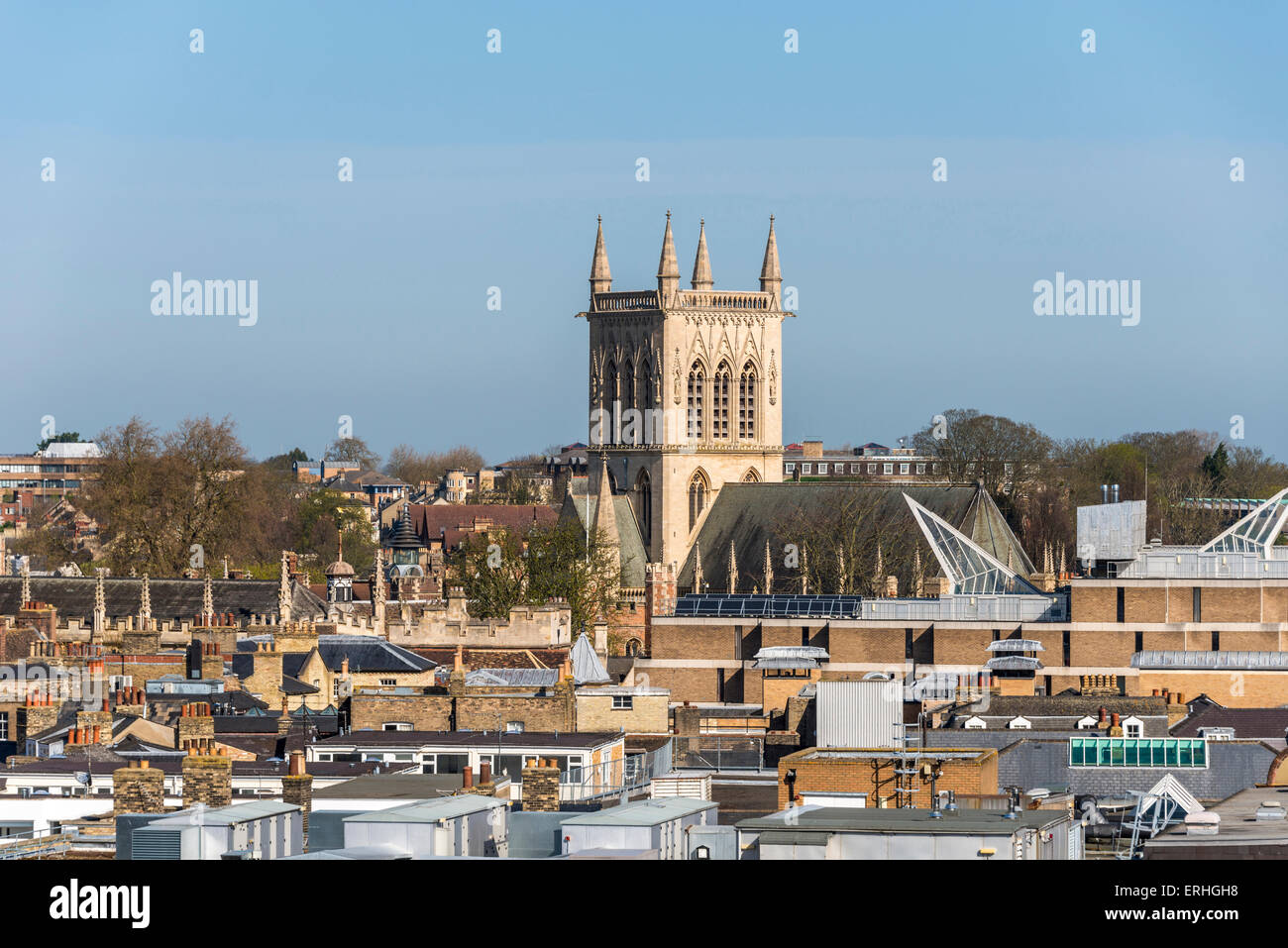 Across the rooftops of Cambridge to the tower of the chapel of St John's College of Cambridge University Stock Photo