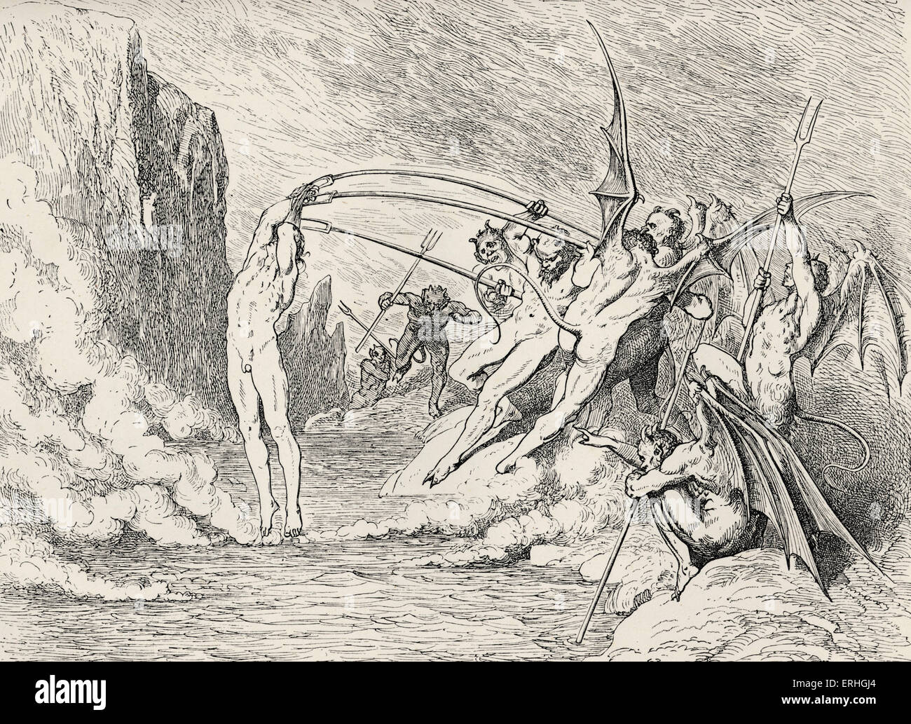 Dante Alighieri, La Divina Commedia, L'Inferno (The Divine Comedy, Hell) - Canto XXI (21): illustration by Gustave Doré for Stock Photo