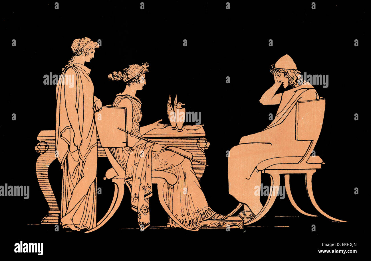 Homer, The Odyssey.  Ulysses (Odysseus) at the table of Circe, a beautiful witch-goddess who transforms Odysseus’s crew into Stock Photo