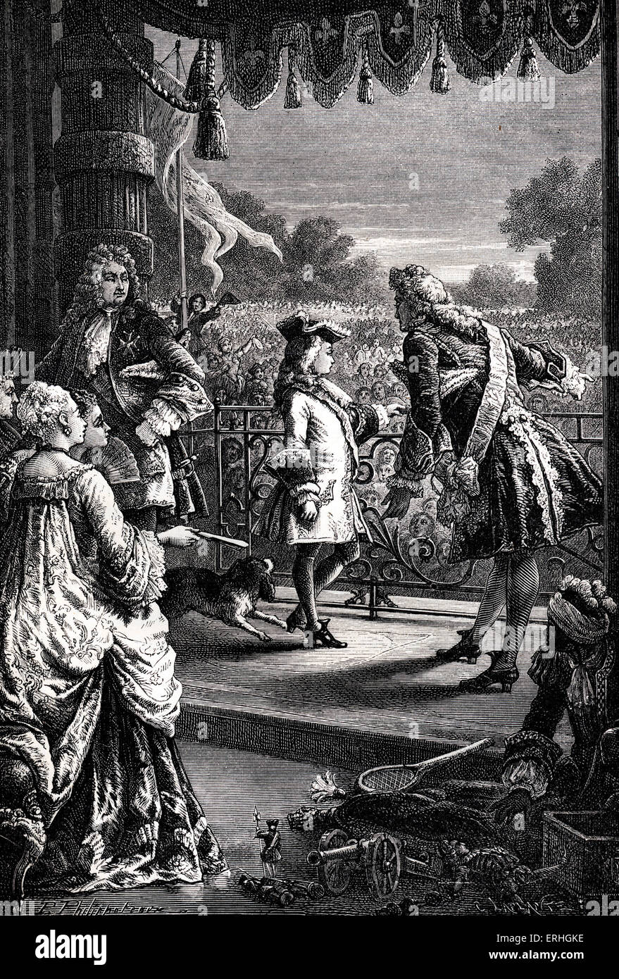 King Louis XV of France - illustration of the child king, on a balcony, being introduced to his people, 1715. 15 February 1710 - 10 May 1774. King from 1 September 1715 - 10 May 1774. Stock Photo