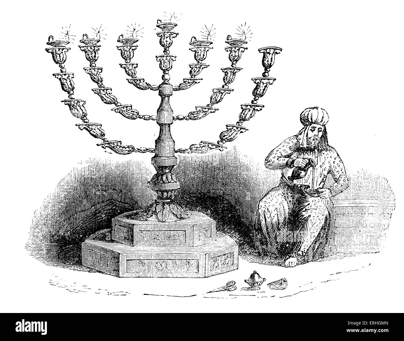 Menorah  - illustration of the seven branched candlestick holder from Biblical times. Stock Photo