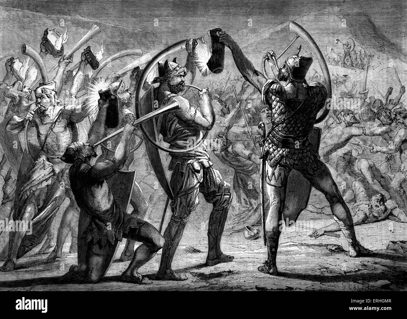 Gideon attacking the Midianites - illustration of Gideon and his followers suprising the army of the Midianites with lamps and Stock Photo