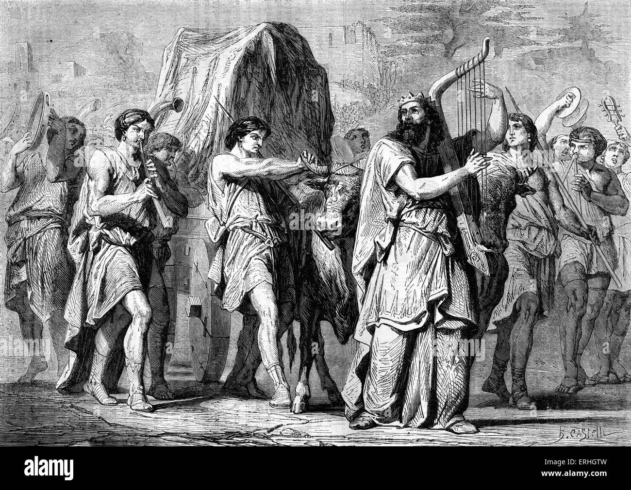 The Bible - David playing the harp while bringing the Ark of the Covenant from Kirjath-Jearim with other musicians. Stock Photo
