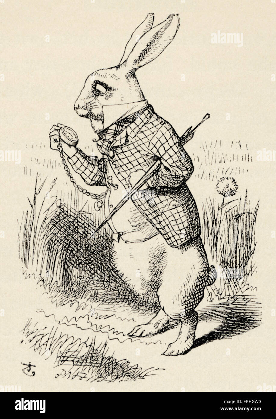 Alice in Wonderland - the White Rabbit looks at his pocket watch, from the book by Lewis Carroll (Charles Lutwidge Dodgson), Stock Photo