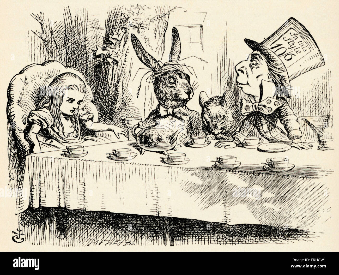 Alice in Wonderland - the Mad Hatter's Tea Party - from the book by Lewis Carroll (Charles Lutwidge Dodgson), English children's writer and mathematician 27 January 1832- 14 January 1898. First published 1865. Illustrations by John Tenniel 1820-1914. Stock Photo