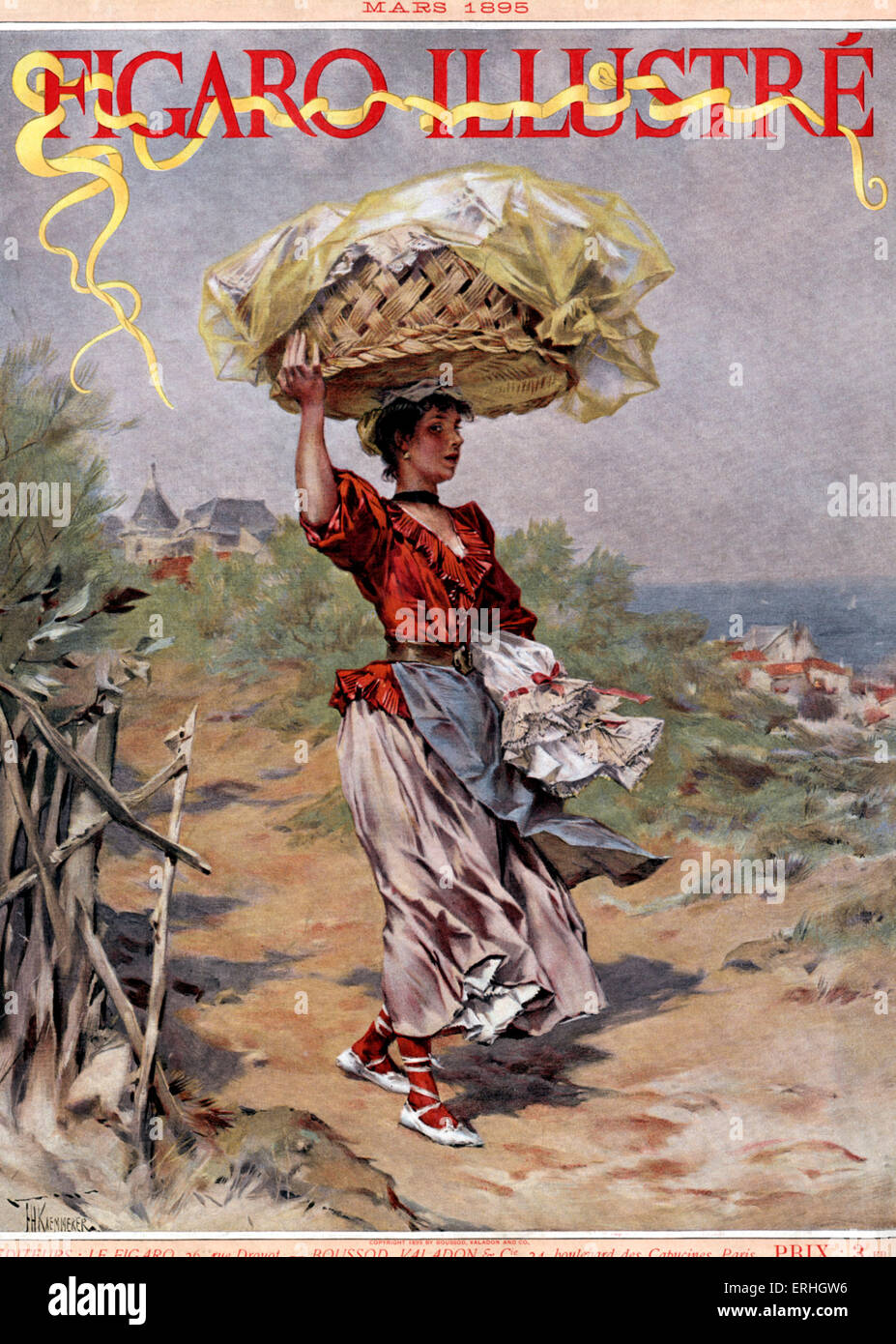 Washerwoman, 1895 - carrying a basket of washing on her head in small French village by the sea coast. From Figaro Illustré Stock Photo