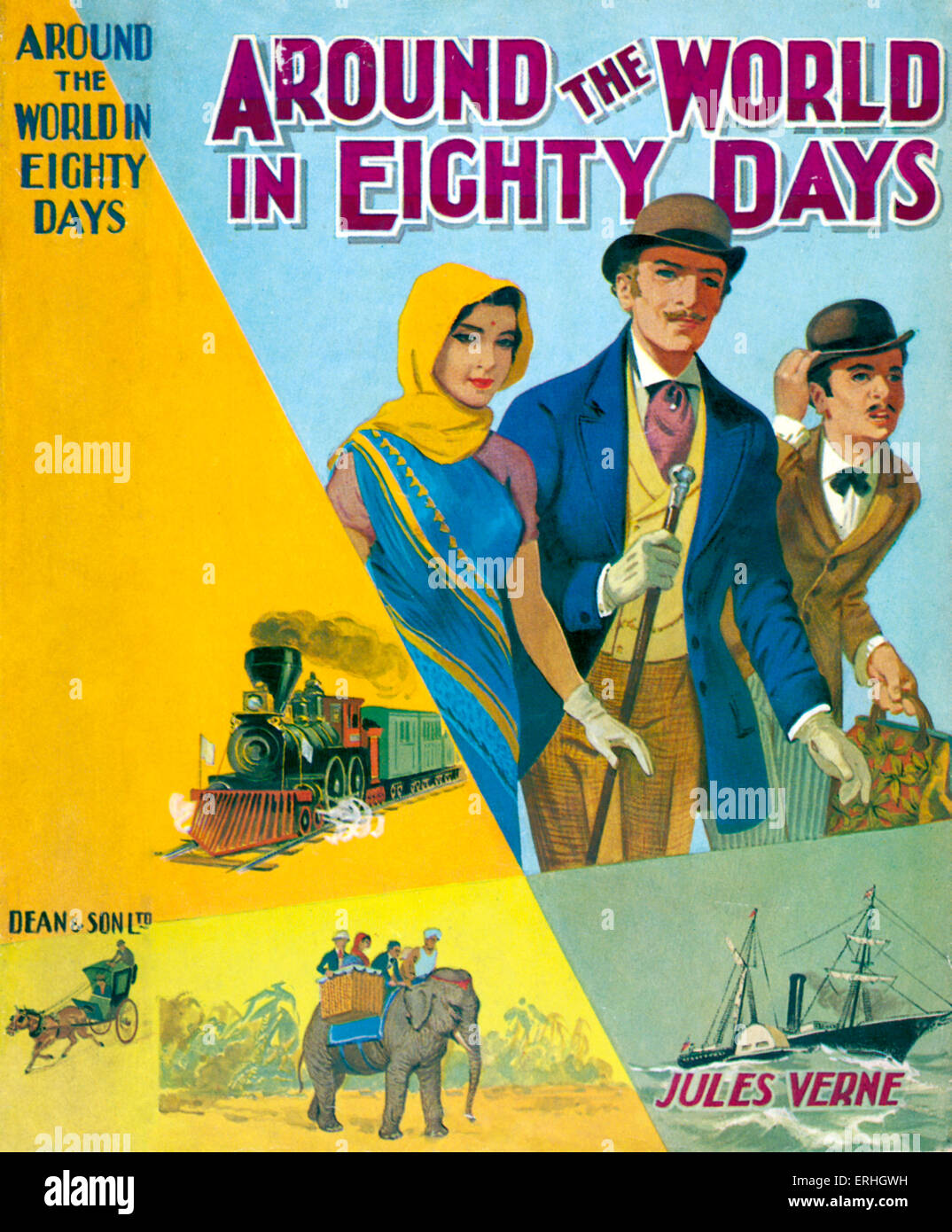 Around the World in Eighty Days by Jules Verne . Dust jacket / cover Published London, Dean. Adventure travel story. Stock Photo