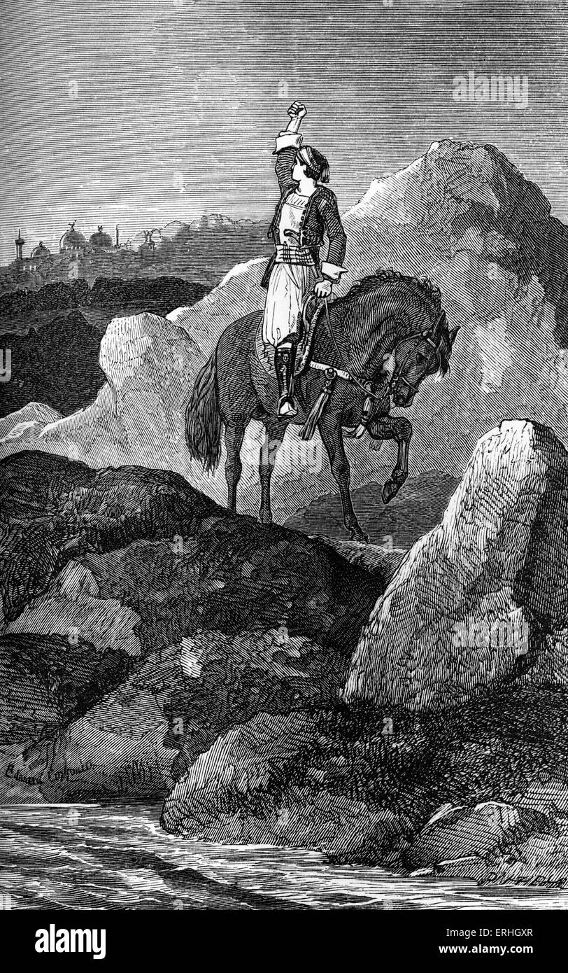 George Gordon Byron / Lord Byron - illustration of a scene from the poem 'The Giaour' by the English poet. 'He raised his arm, Stock Photo