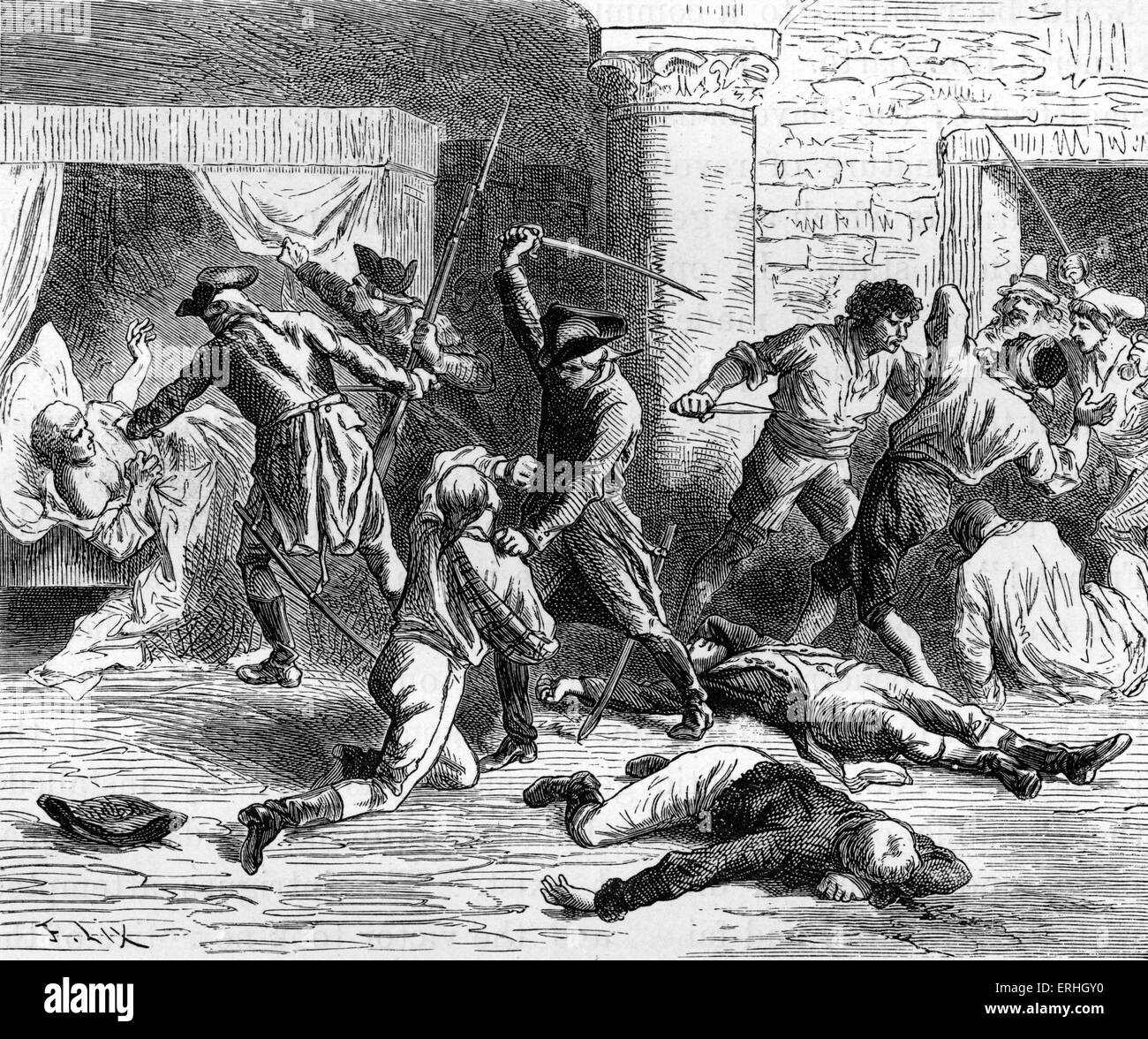 Massacre of the French at Venice, c. 1797. Soldiers with swords and bayonets kill unarmed French people during Napoleon's attack on Venice. Napoleonic wars. Stock Photo