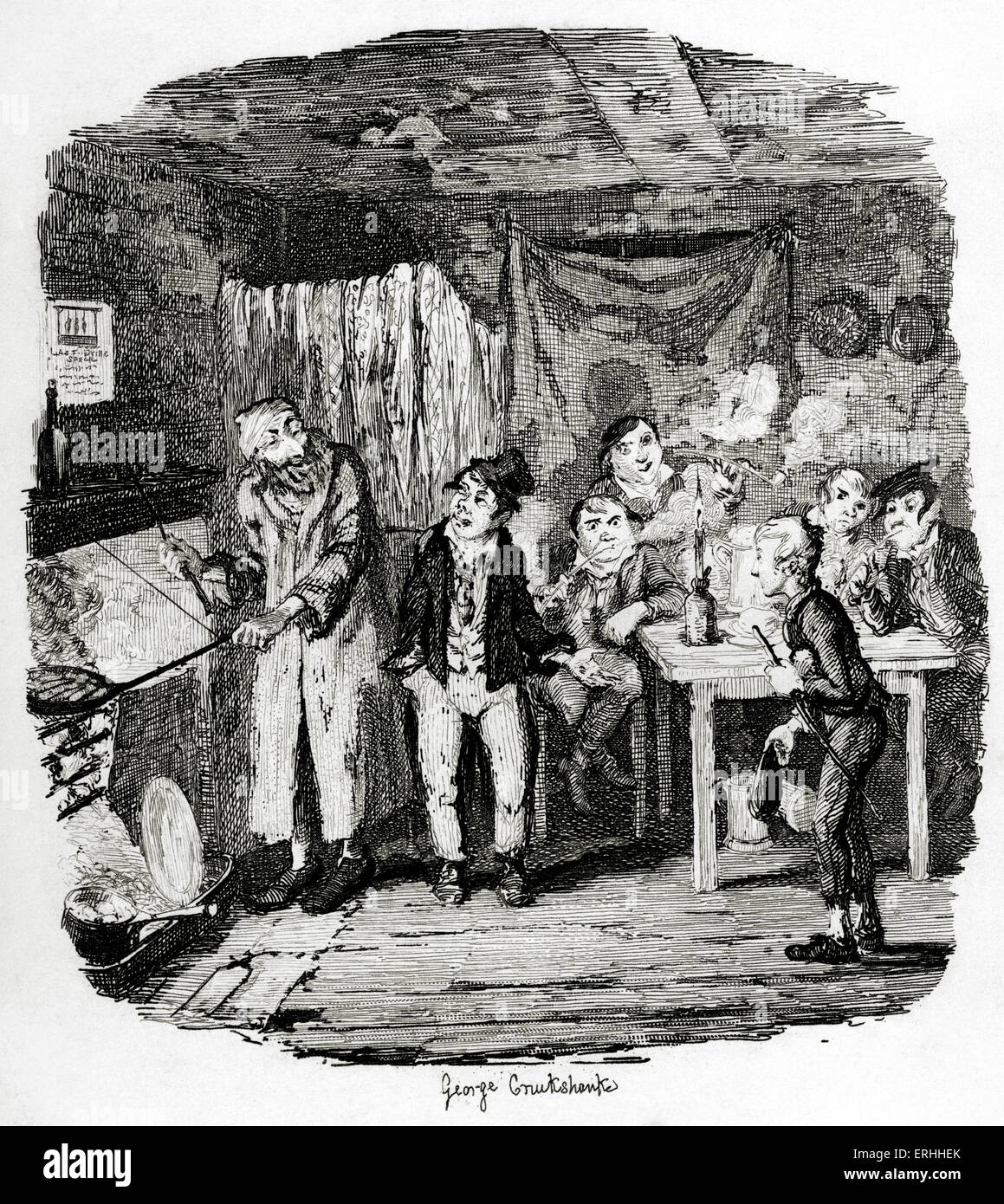 Charles Dickens 's 'The Adventures of Oliver Twist' : Jack Dawkins introducing Oliver to Fagin. English novelist 7 February 1812 – 9 June 1870. Illustration by George Cruikshank. Stock Photo