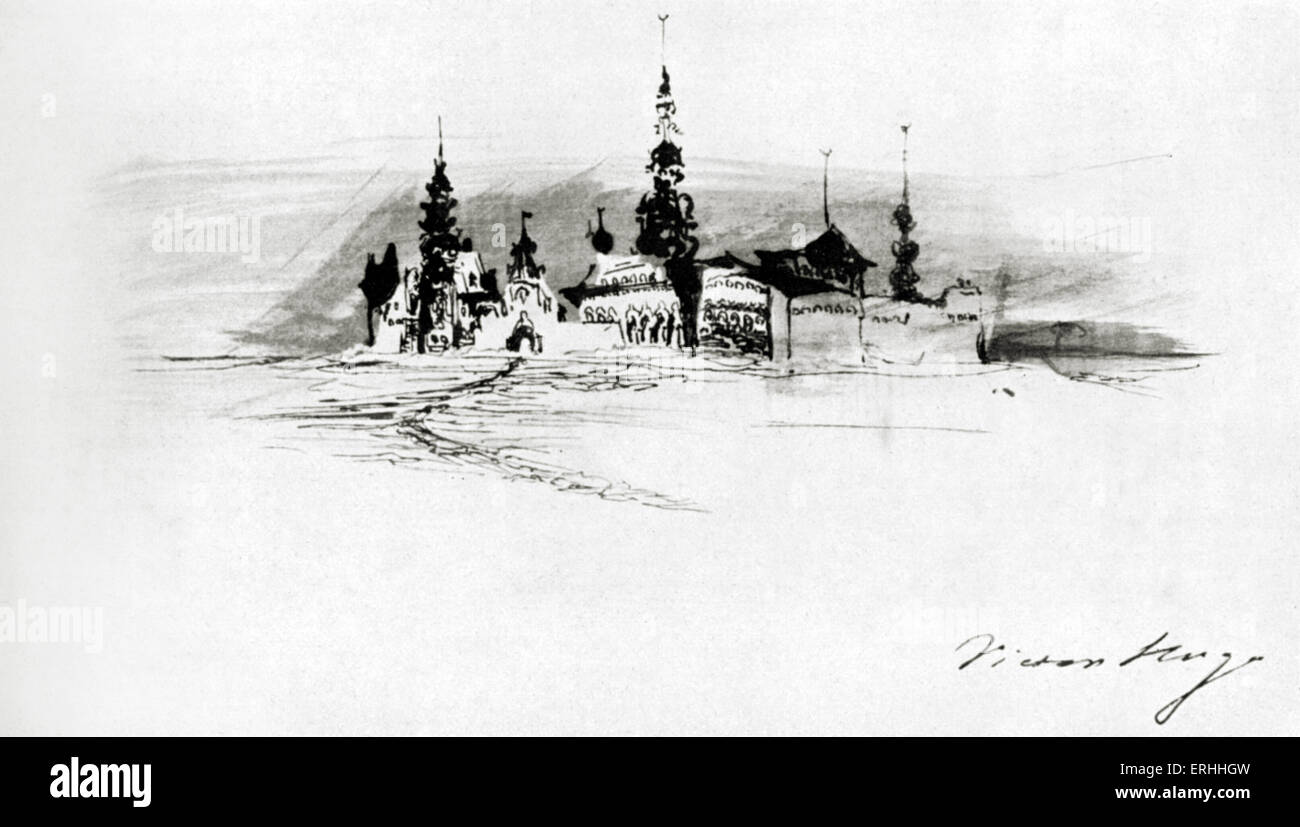 Victor Hugo 's drawing of a town.  French poet and novelist 1802-1885.  With his signature. Stock Photo
