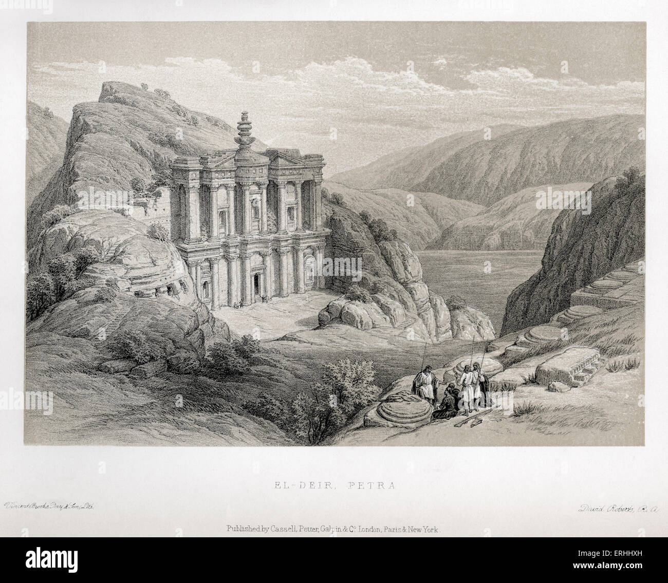 El Deir - Petra - by David Roberts. Lithographs of the holy land. Stock Photo