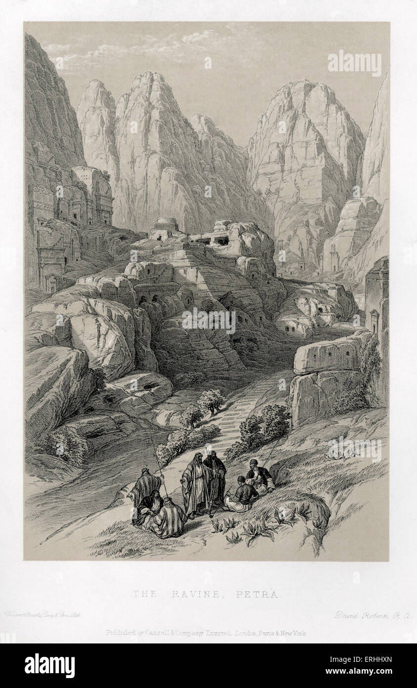 The Theatre in Petra - by David Roberts. Lithographs of the holy land. Trans-Jordan view from the theatre, main eastern entrance to the city of Petra. Stock Photo