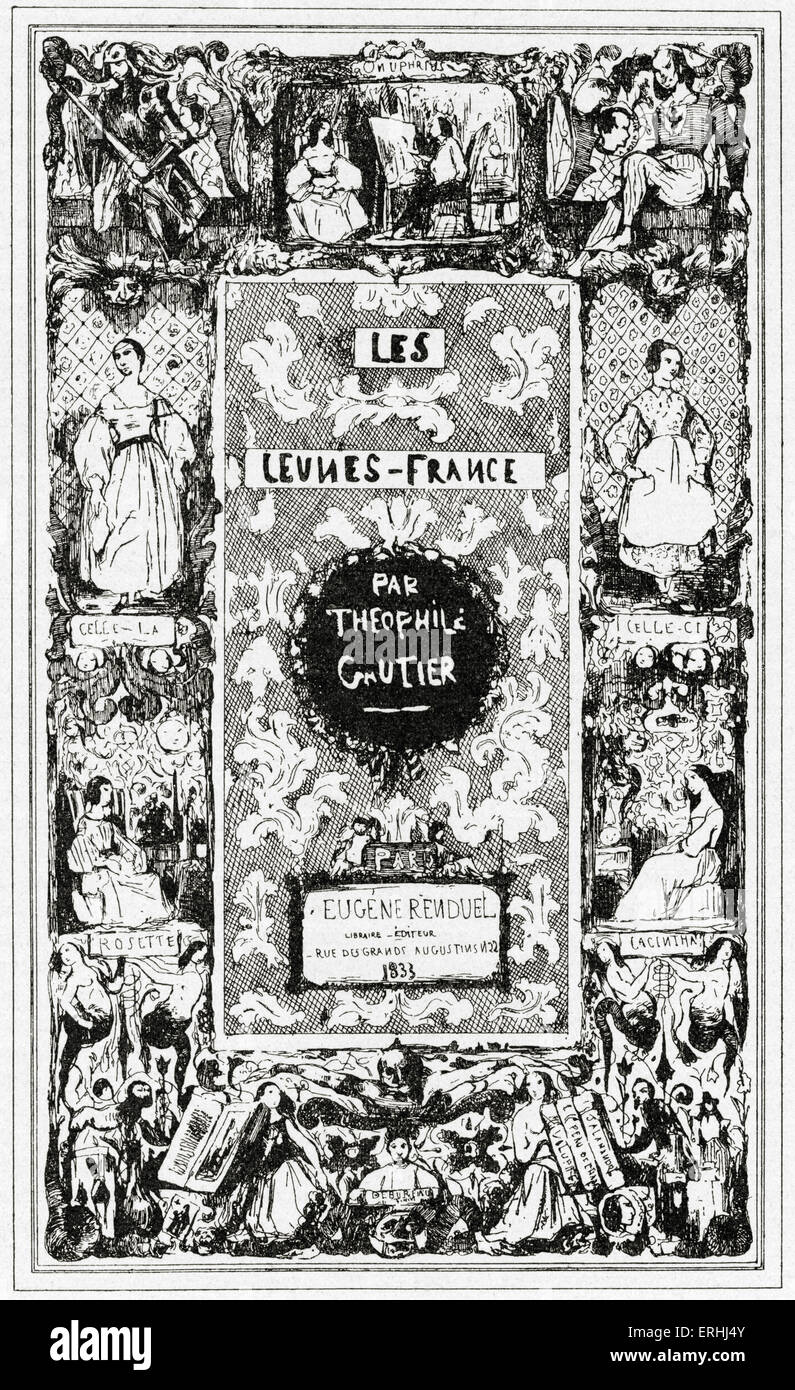 Théophile Gautier - title page of the satire of Romanticism, 'Les Jeunes-France' (1833). Etching by Celestin Nanteuil. French Stock Photo
