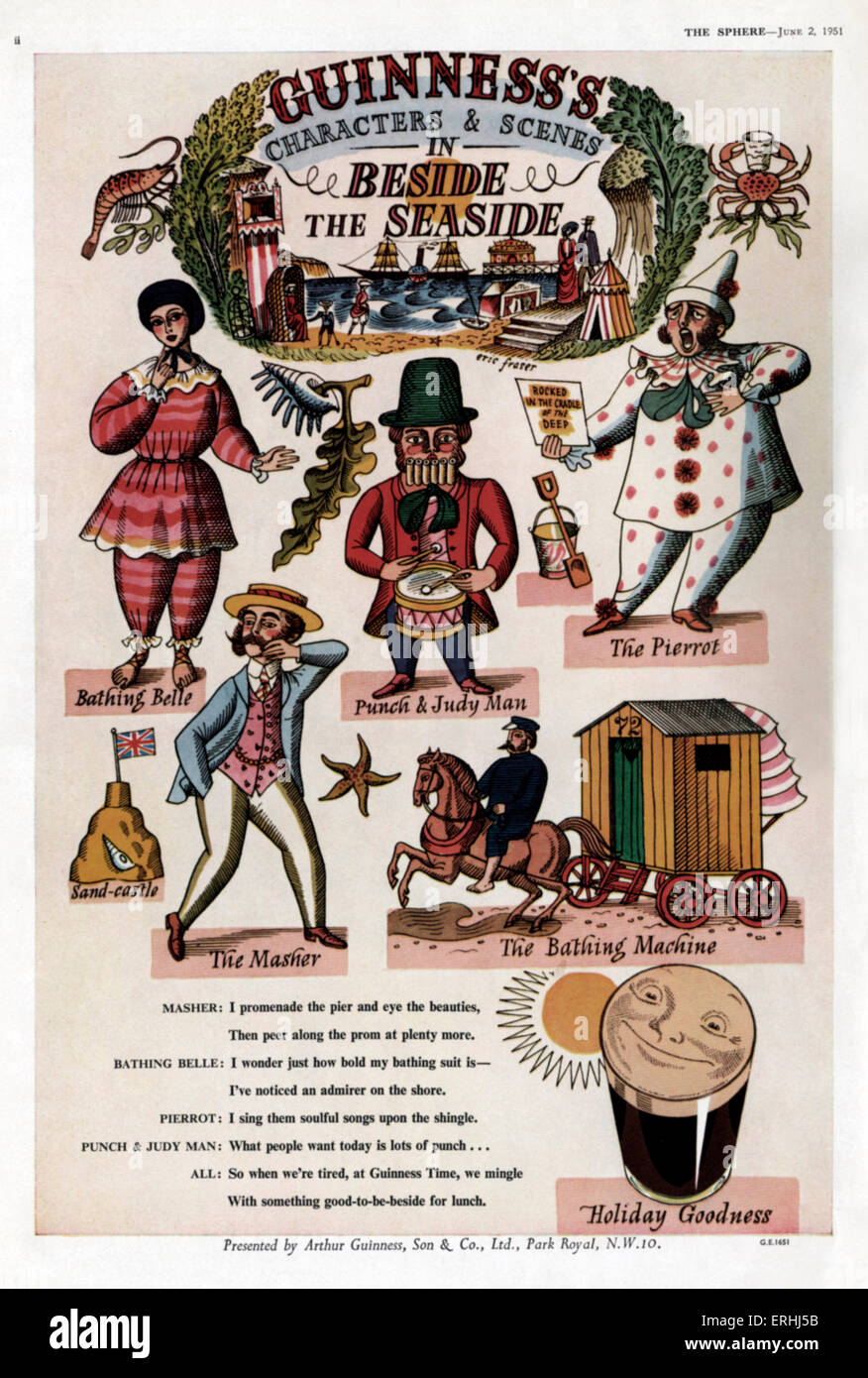 Guinness beer advertisement -  Beside the Seaside - typical seaside characters: bathing belle, Punch and Judy man, Pierrot, Stock Photo