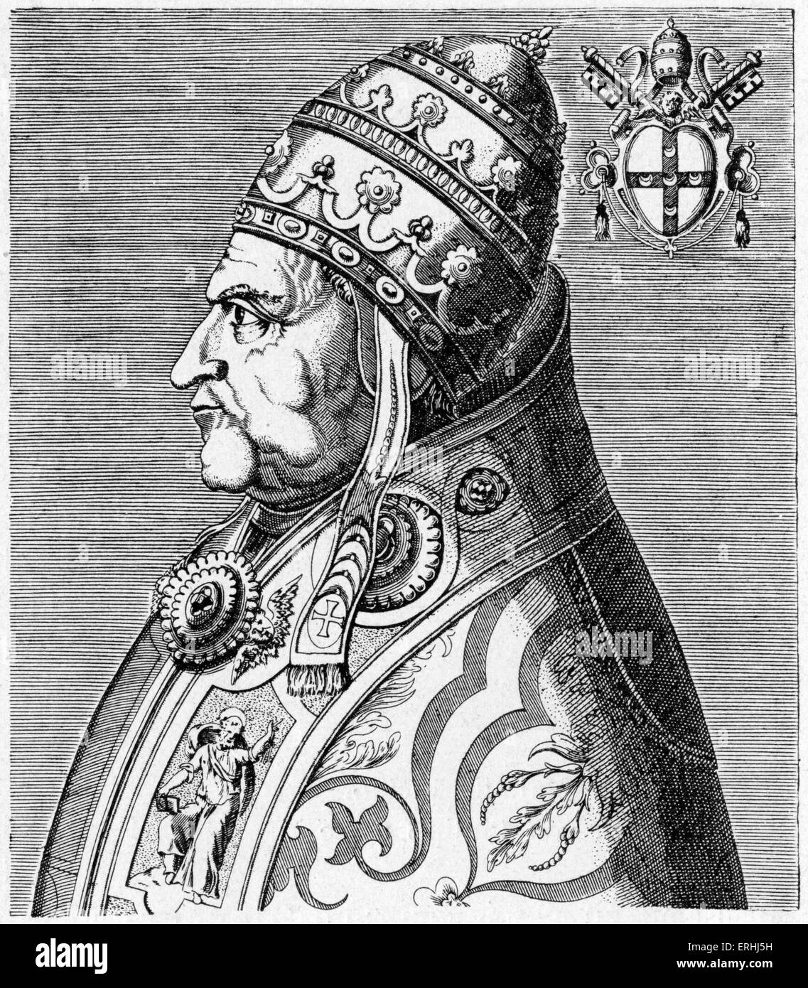 Pope Pius II - portrait, in profile, with coat of arms. Engraving by Philippe Galle, from the work 'Virorum doctorum de Stock Photo