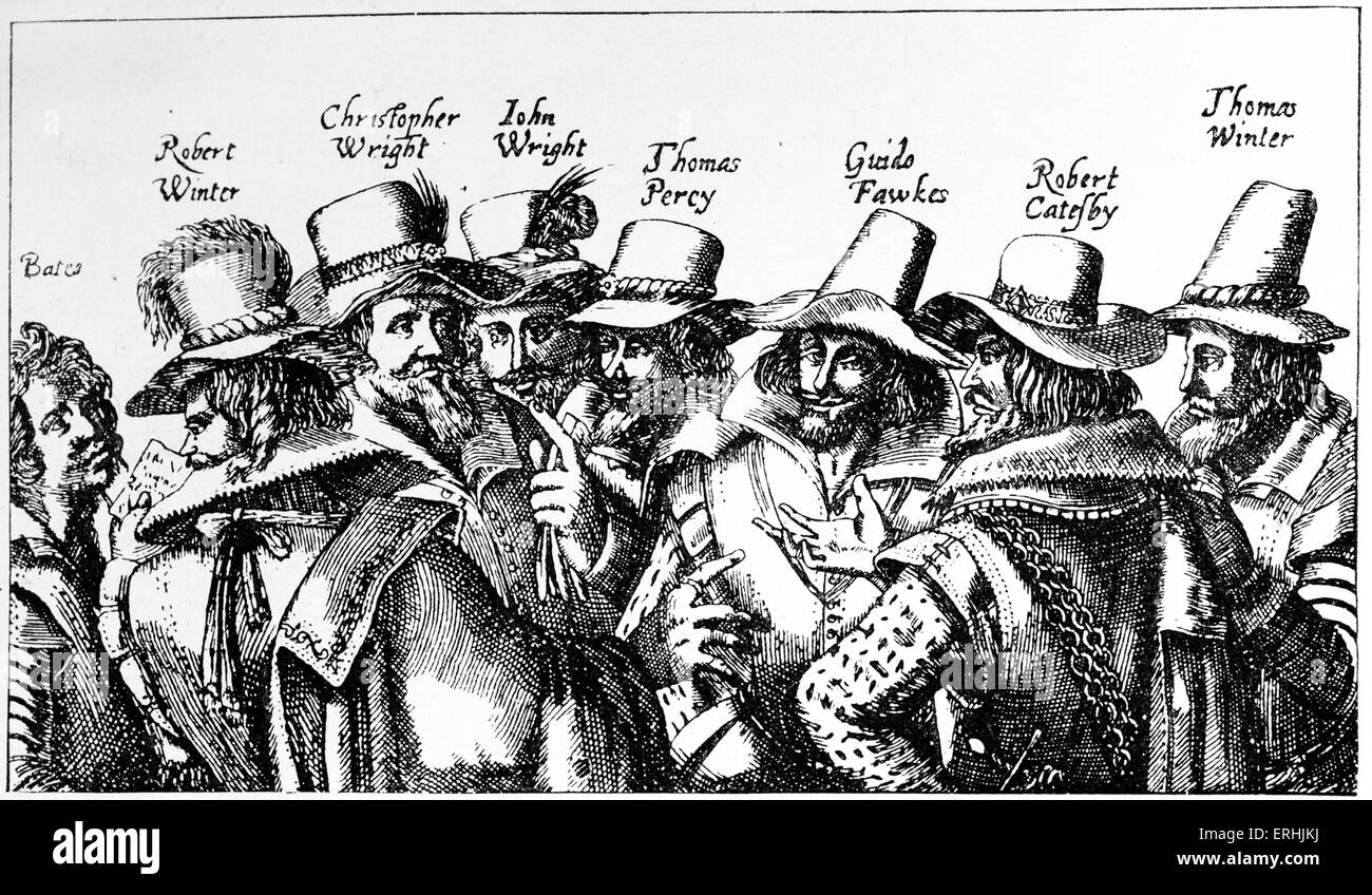 The Gunpowder Plotters. An engraving of eight plotters - Bates, Robert  Winter, Christopher Wright, John Wright, Thomas Percy, Stock Photo