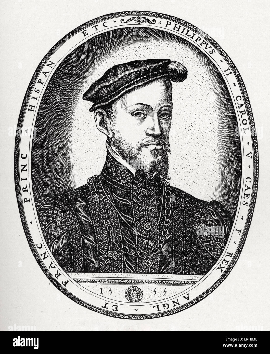 Philip II of Spain - portrait.  Engraving by F. Hogenburg, 1555. 21 May 1527 – 13 September  1598.  Felipe II. Stock Photo