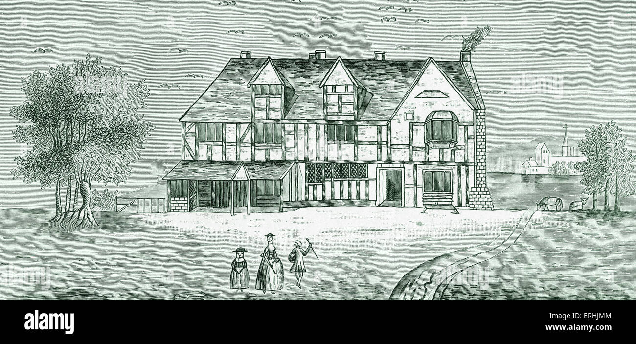 Shakespeare 's house, Stratford-on-Avon Old drawing in British Museum. English playwright -April 26, 1564 – April 23, 1616. Stock Photo