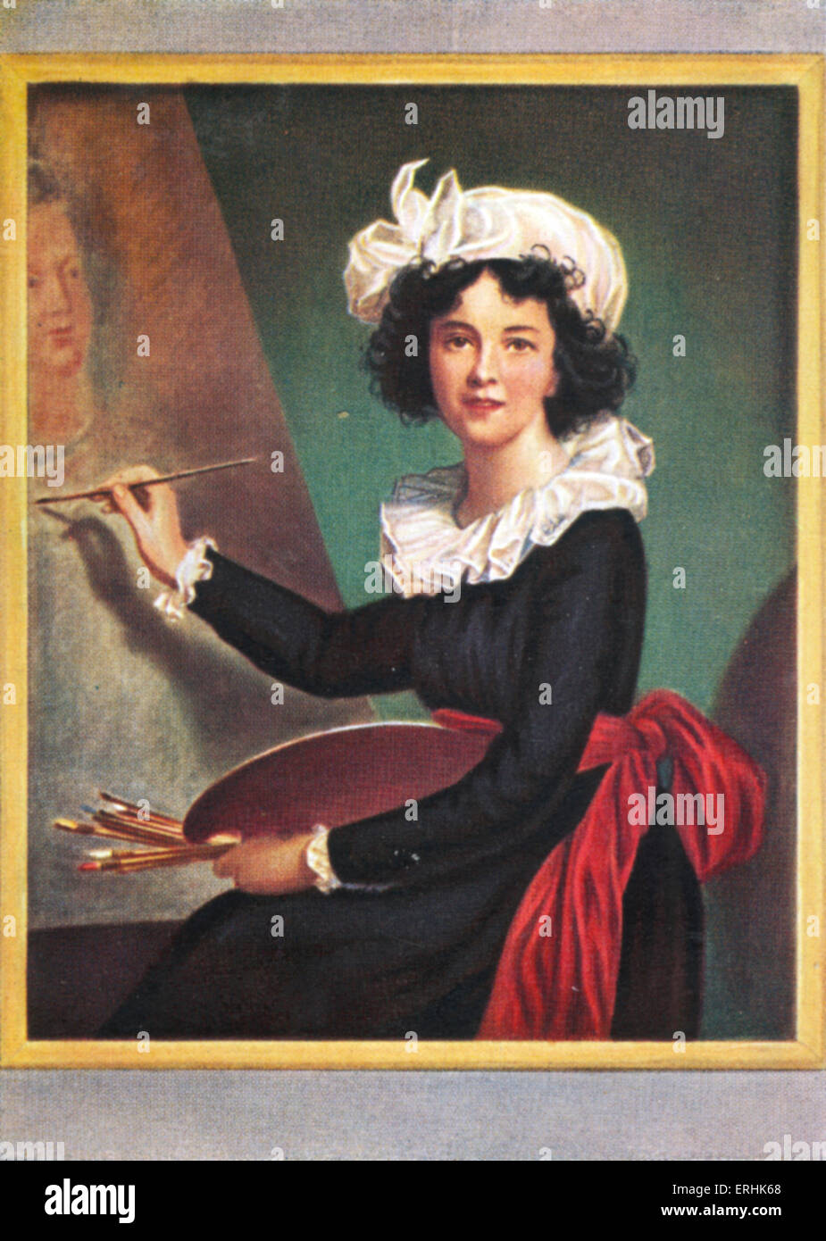 Élisabeth-Louise Vigée Le Brun. Portrait of the French painter. Posing with a paintbrush and canvas. After a miniature by Stock Photo