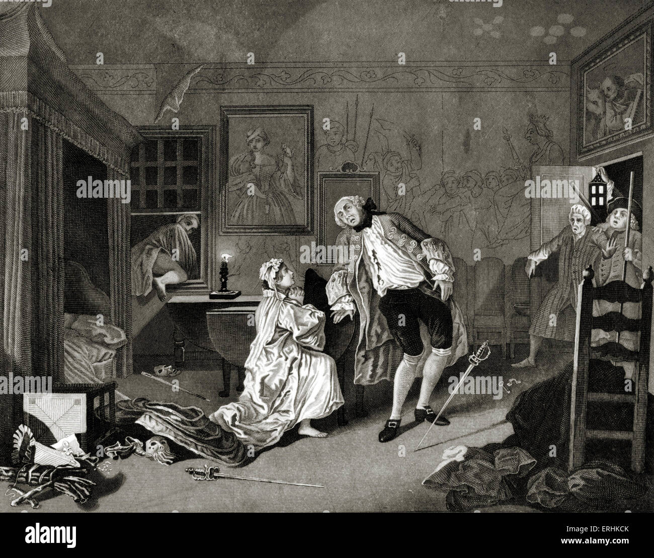 Marriage a la Mode - The Divorce - engraving by William Hogarth, English painter and artist November 10, 1697 -October 26, 1764. Printed by A H Payne. Social life in 18th century England. Witty artistic interpretation. Stock Photo