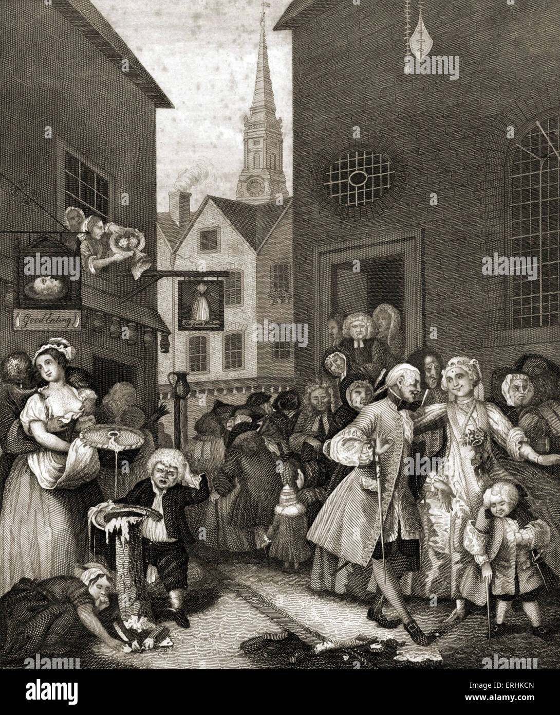 Noon in London streets by William Hogarth - Printed by A H Payne. Scene of 18th Century London street life. English artist and Stock Photo