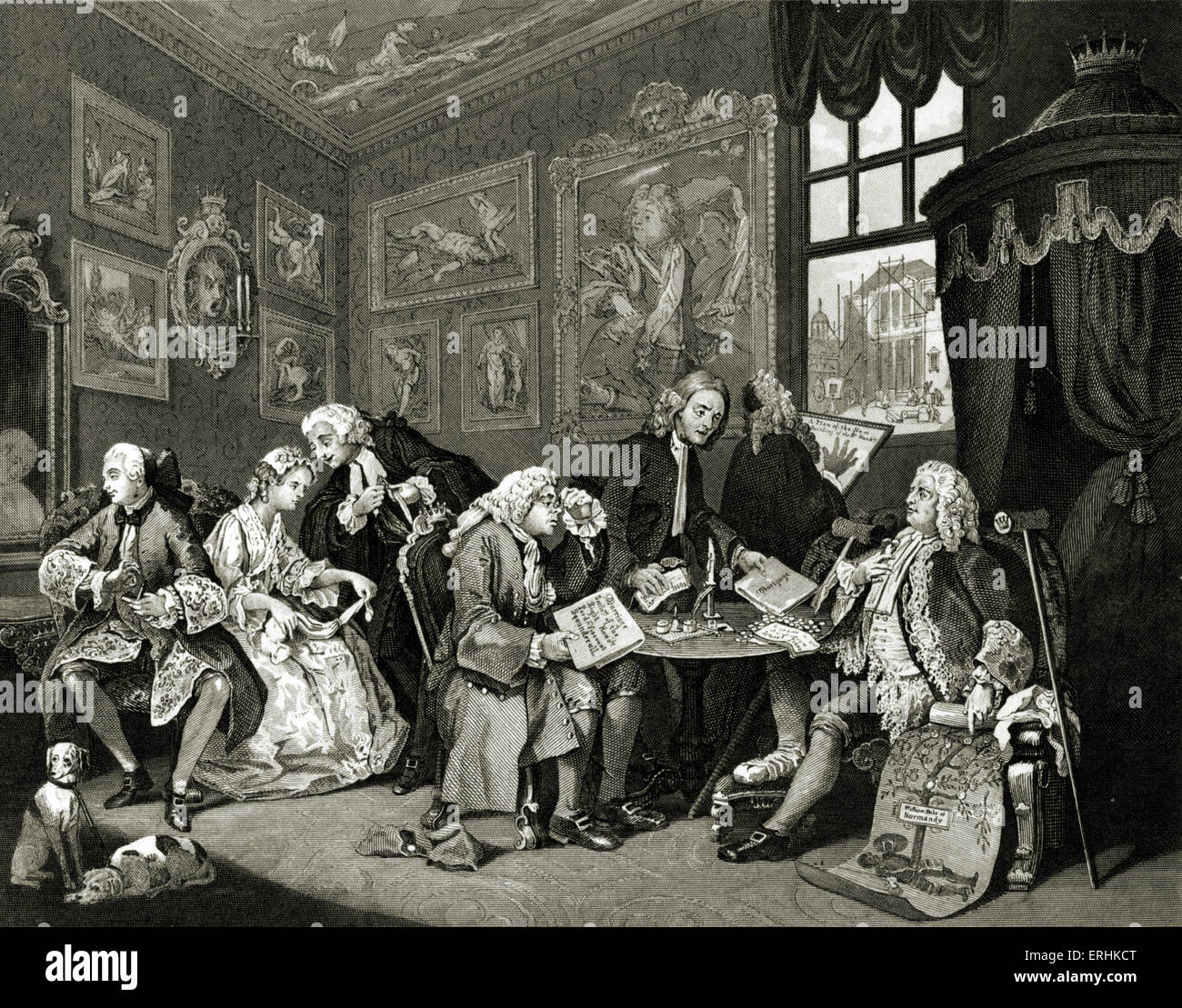 Marriage à la mode - The Contract - engraving by William Hogarth, English painter and artist November 10, 1697 -October 26, Stock Photo