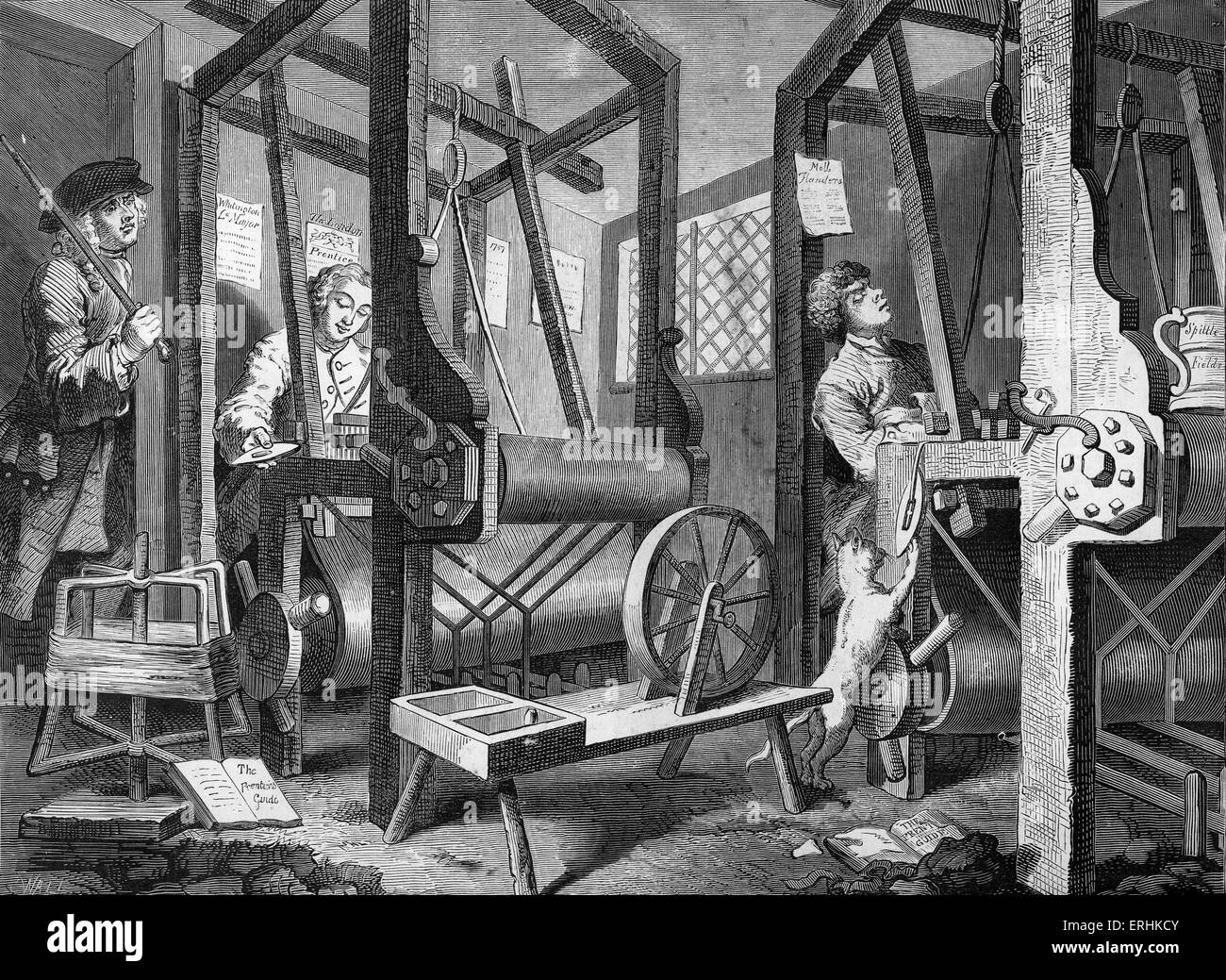 The Apprentices - engraving by William Hogarth, English painter and artist. Weaving at Spitalfields. 10 November 1697 - 26 Stock Photo