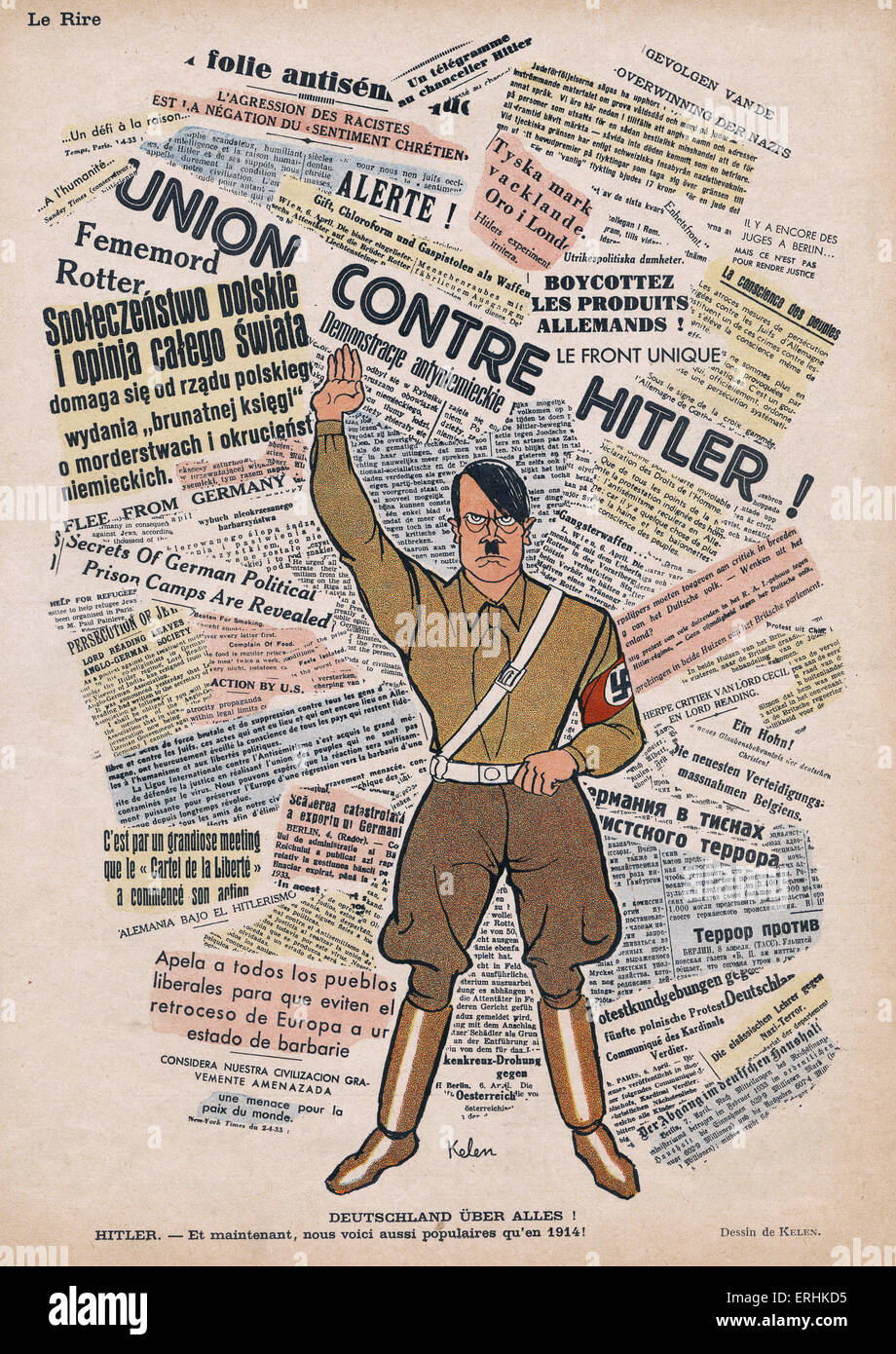 Anti-Hitler cartoon on the back page of Le Rire 29th April, 1933. Caption reads 'Deutschland Uber Alles; Hitler- et maintenant, Stock Photo