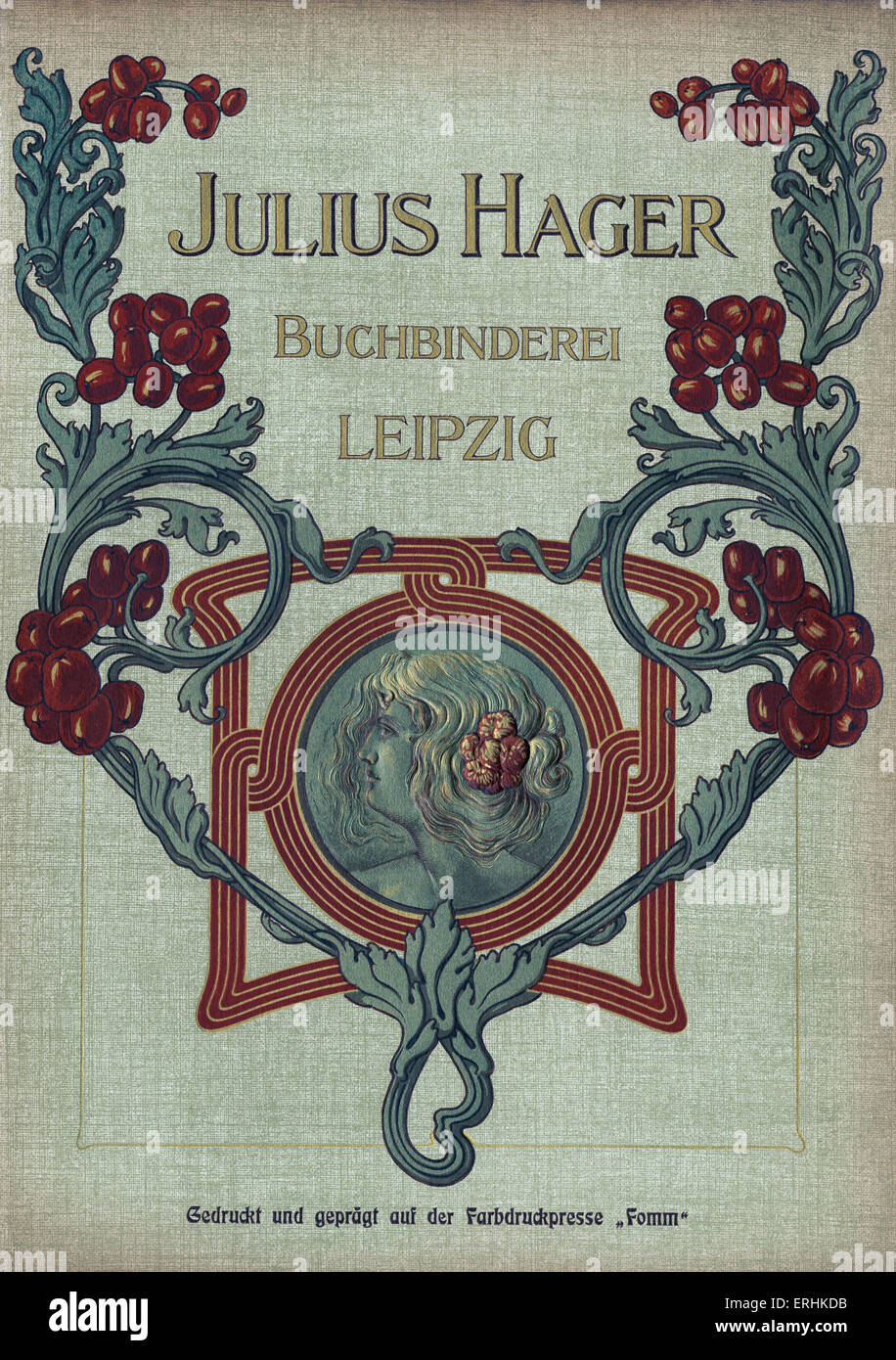 Julius Hager bookbinder firm advertisement - from 1902  printers ' catalogue.  Julius Hager, Buchbinderei, Leipzig. Shows Stock Photo