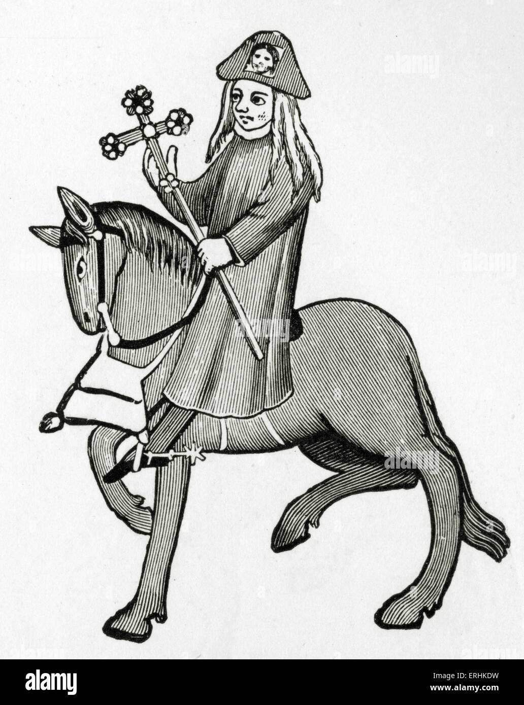 Geoffrey Chaucer ' s Canterbury Tales - The Pardoner  on horseback.  English poet, c. 1343-1400. Ellesmere manuscript of Stock Photo