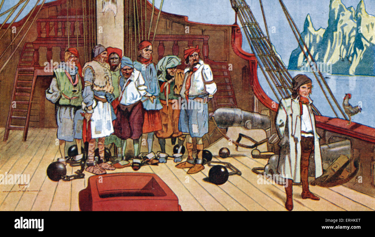 Peter Pan by James Matthew Barrie.  Scene from the play with pirates captured on board their ship and shackled with ball and Stock Photo