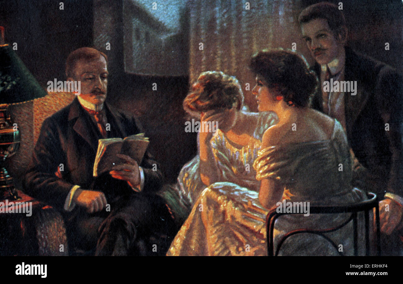 Reading circle. Man reading aloud from a novel. Late 19th century / early 20th. Atmospheric. Glow of the fire reflected on women listening, one covers her face. Stock Photo