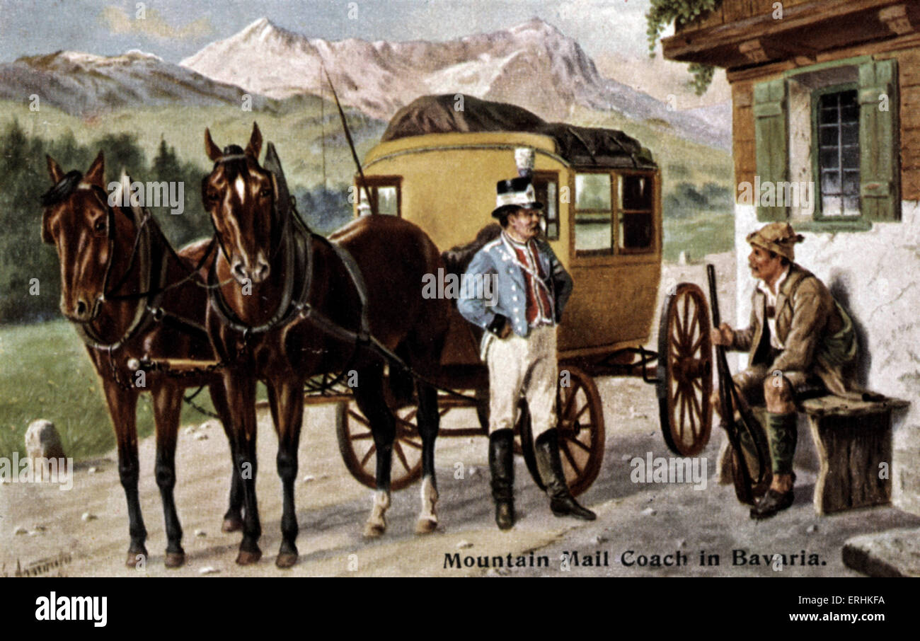 Bavaria: Horse-drawn mountain mail coach stopped in front of a small cottage.  Two men in conversation. Stock Photo