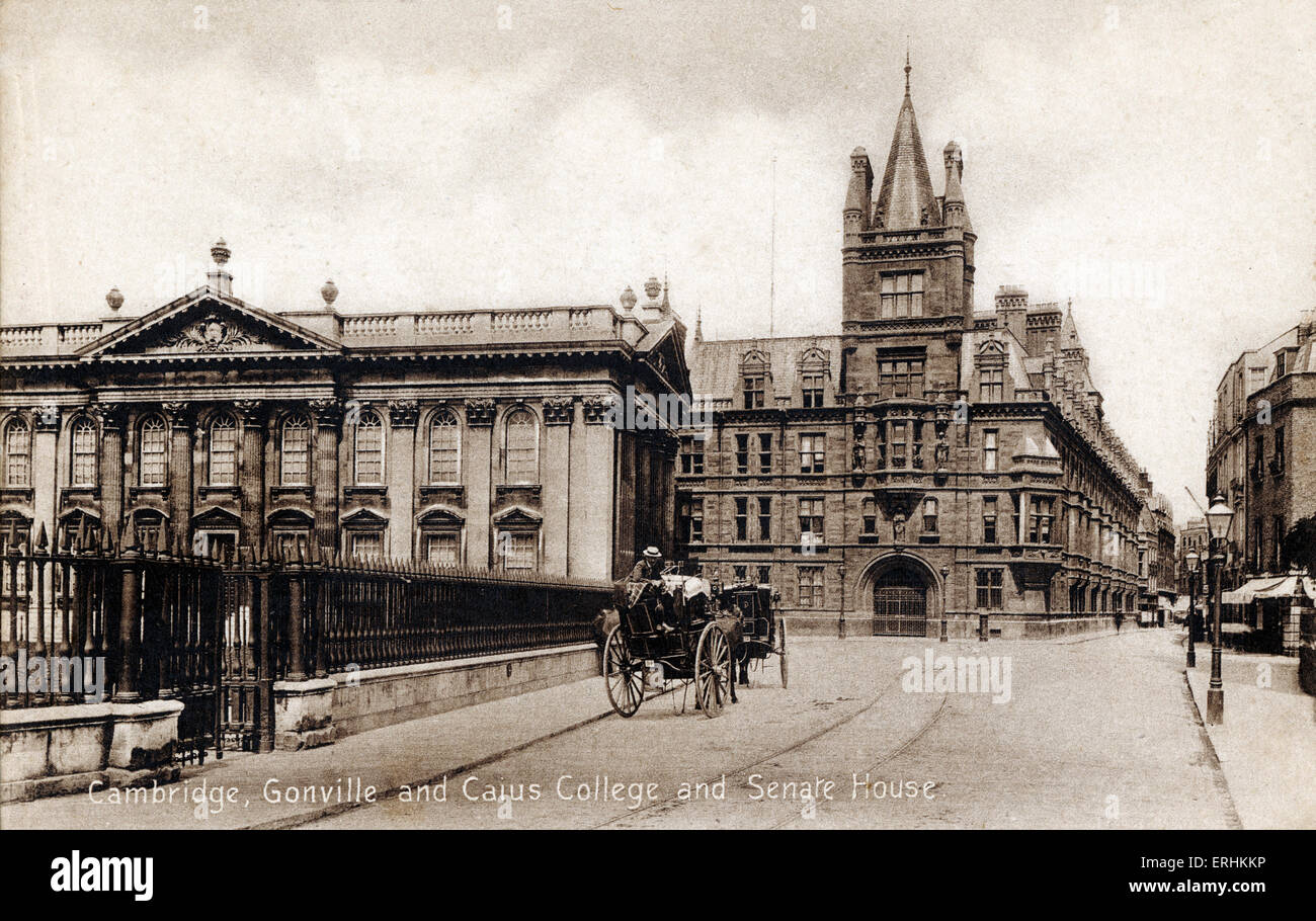 Cambridge University - with Gonville and Caius College and Senate House, early 1900 's. Horse-drawn carriage driving past. Stock Photo