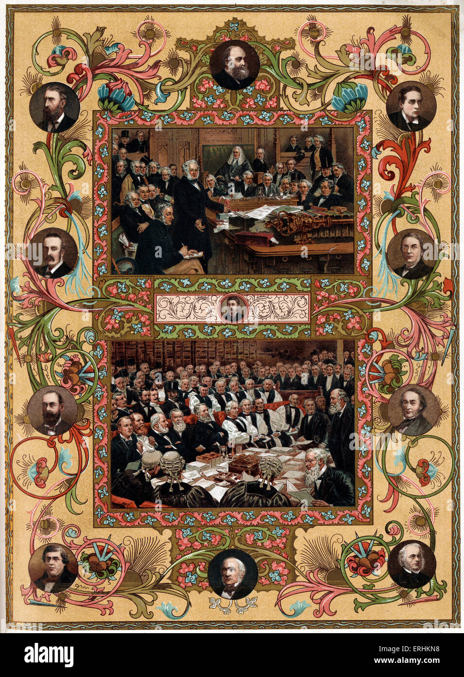 Victorian Era - Lord Palmerston addressing the House of Commons in 1860 (top) and the House of Lords debating the Home Rule Bill in 1893 (bottom). With portraits of Devonshire, Balfour, Randolph Curchill, Herbert Ingram, Salisbury, Gladstone, Rosebery, Harcourt, Cobden, Bright. Stock Photo