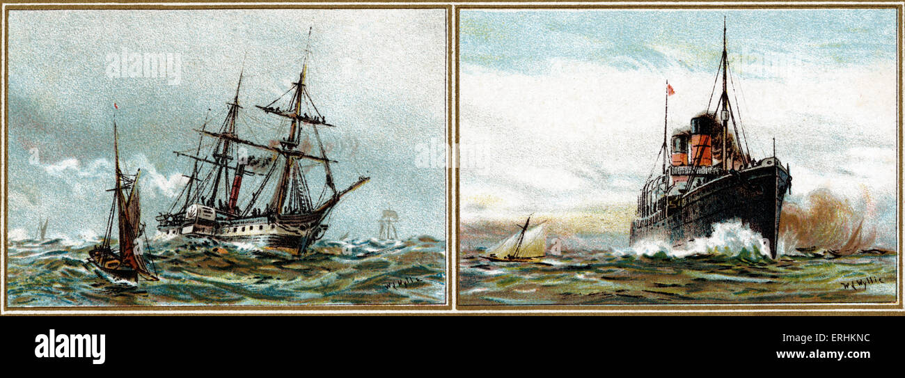 Scientific progress during the Victorian Era -  transport by sea in 1837 (left) and in 1897 (right). Ship, ships. Stock Photo