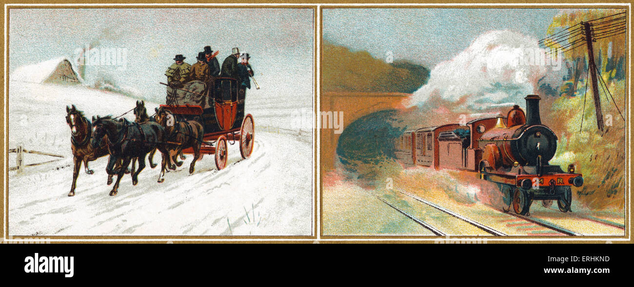 Scientific progress during the Victorian Era - travel by land in 1837 (left) and in 1897 (right). Carriage, carriages.  Steam Stock Photo