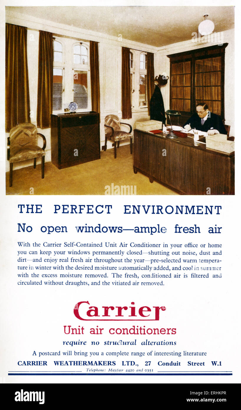 'Carrier' Unit Air Conditioners advert - advert for air conditioning in the workplace - man seated at his desk in the office. Stock Photo