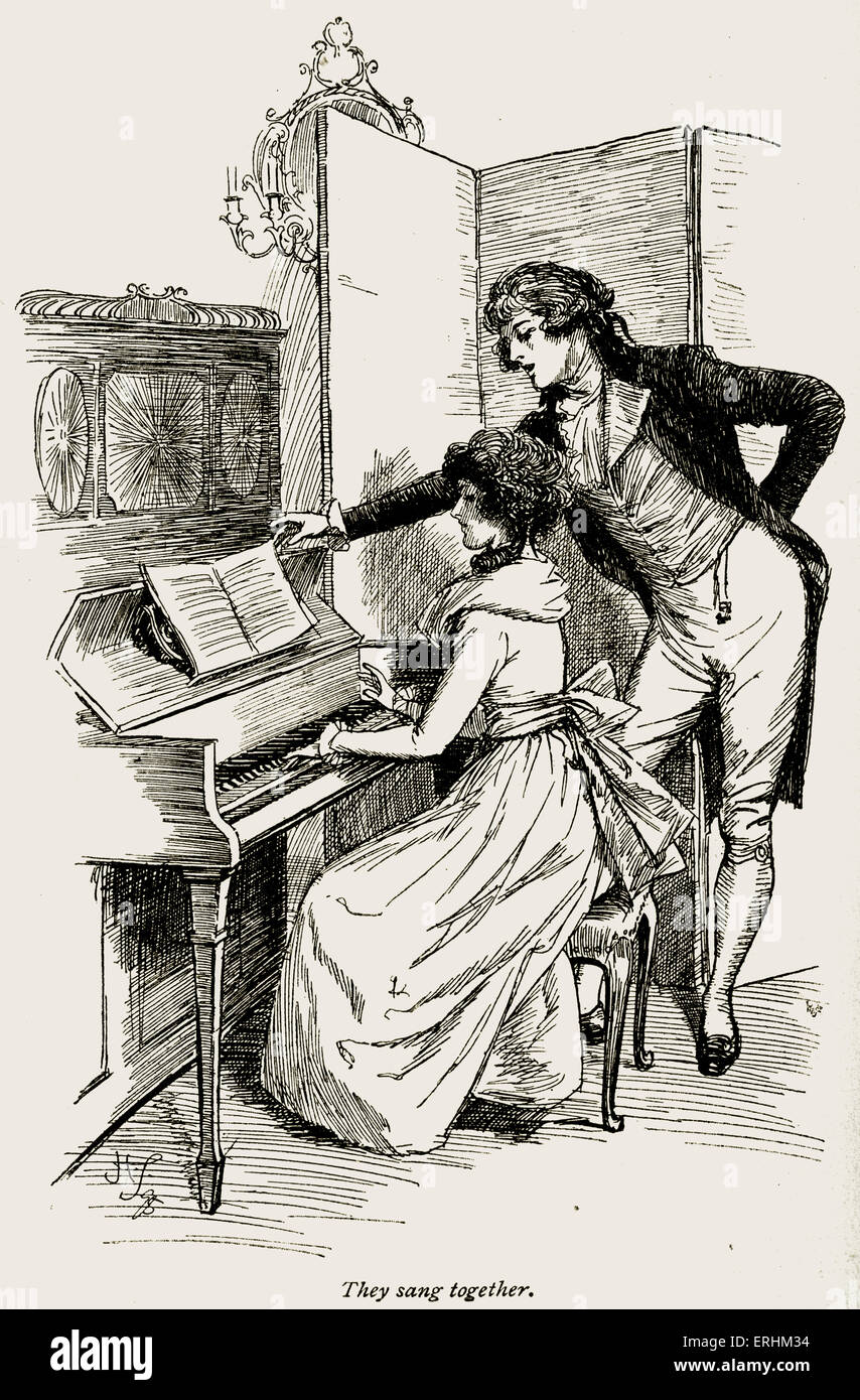 Sense and Sensibility' by Jane Austen - Marianne Dashwood & Mr. Willoughby  singing together at the piano. Chapter X. Firsst Stock Photo - Alamy