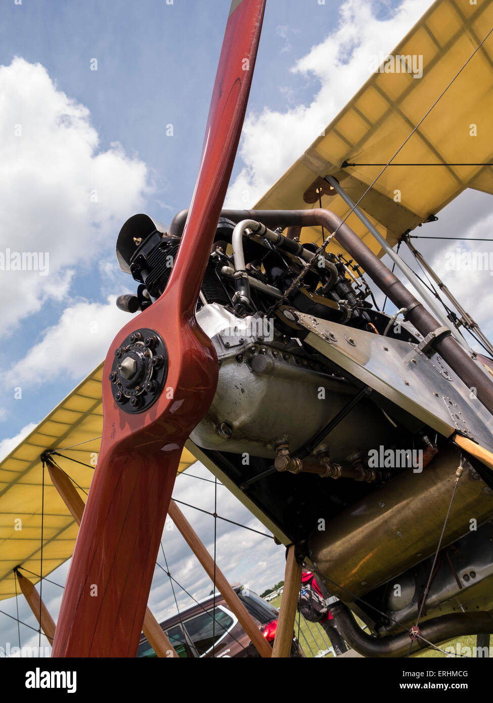 the engine and propeller of a 1912 era replica BE2c biplane(built in 1969) on display,at Aerexpo 2015 aviation event,at Sywell a Stock Photo