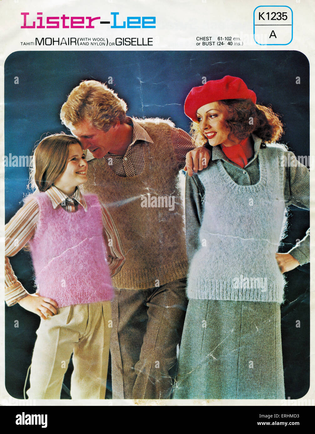 'Sleeveless Sweaters for the Family' - mother, father & child wearing mohair pullovers. From the cover of a knitting instruction booklet by the company Lister-Lee. Knitting pattern. Smiling. Stock Photo