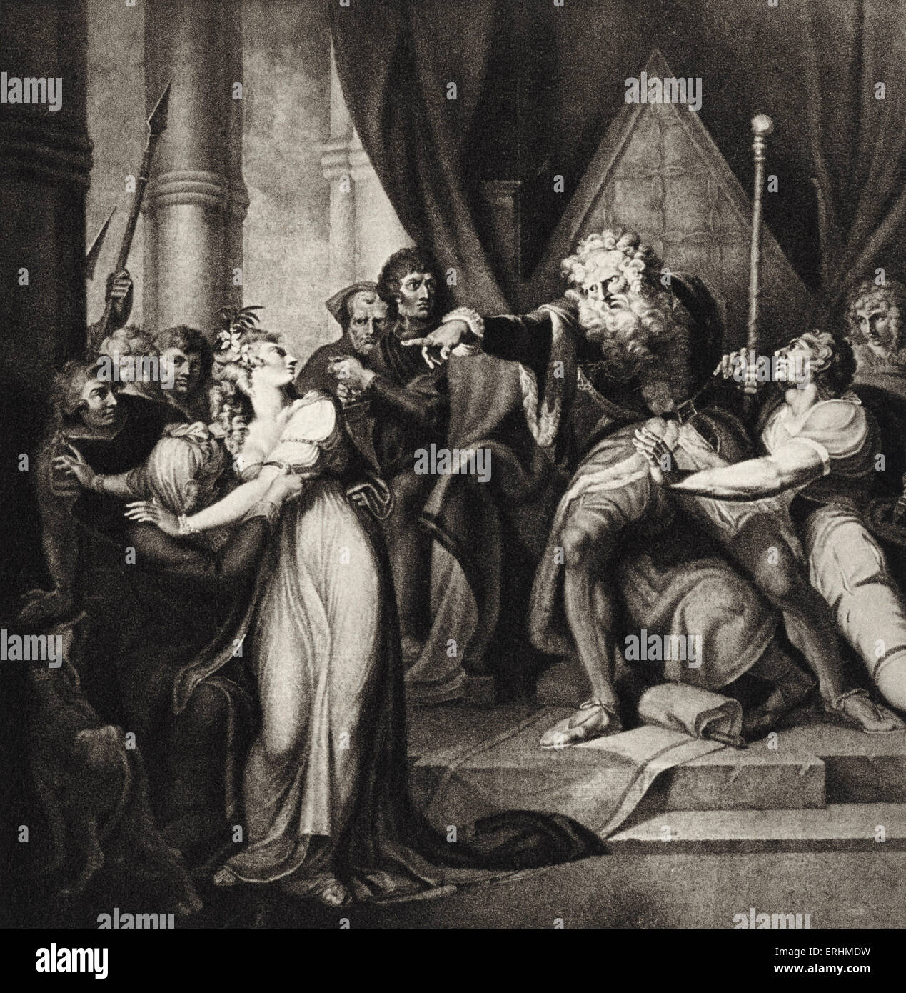 William Shakespeare 's play Macbeth.  Act III Scene IV. Engraving of scene. King Lear banishes his daughter Cordelia. English Stock Photo