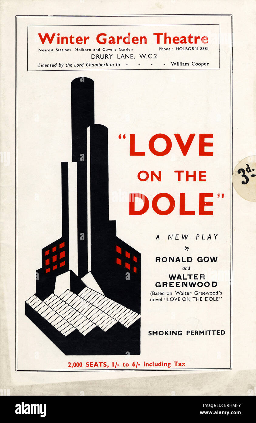 'Love on the Dole' by Ronald Gow and Walter Greenwood, programme cover for the play at the Winter Garden Theatre, Drury Lane, Stock Photo