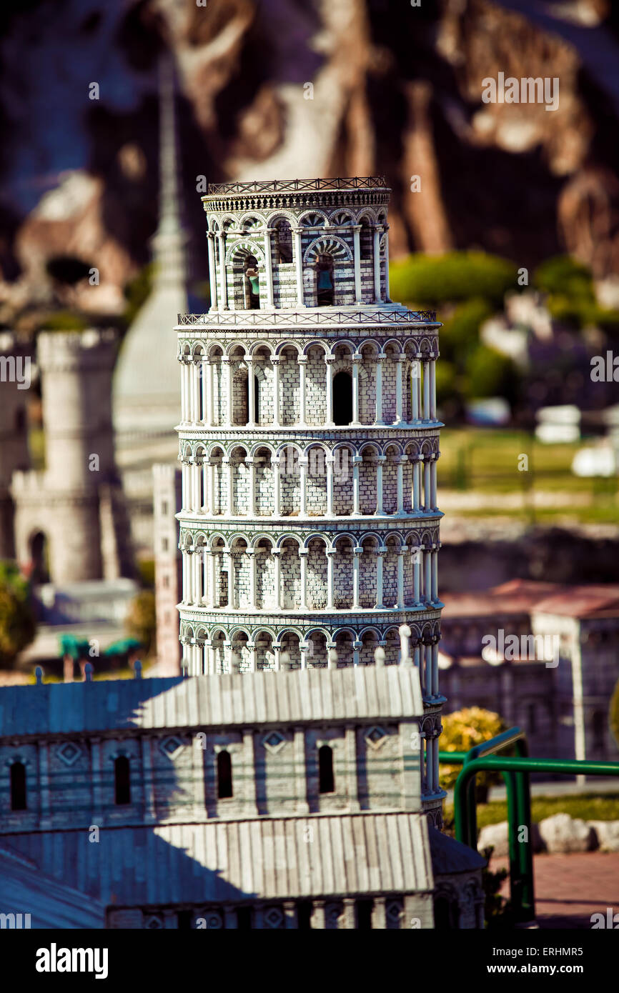 This reconstruction in miniature of the leaning tower of Pisa, Italy Stock Photo
