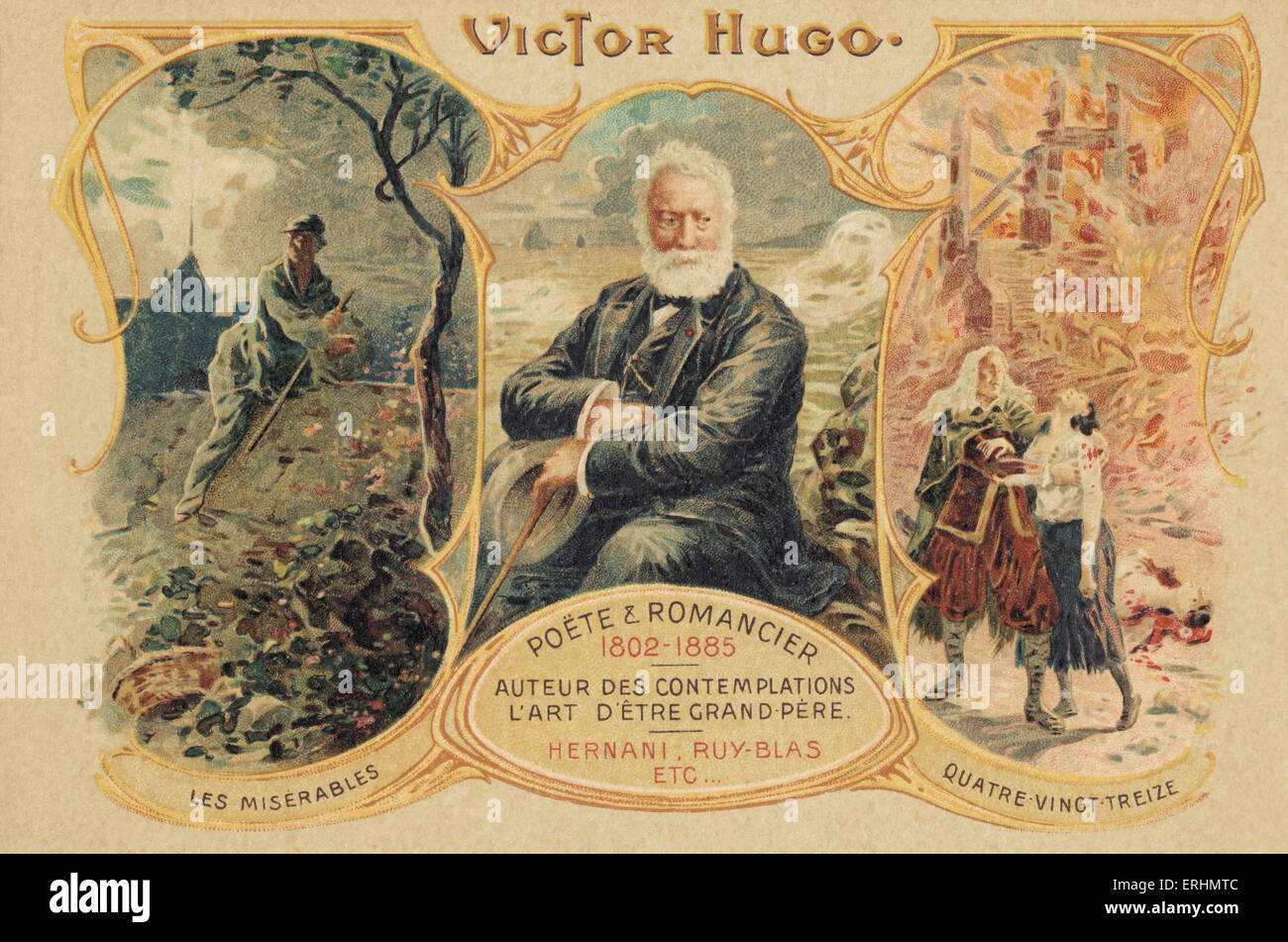 Victor HUGO and his  famous works- portrait of the French poet and novelist. with illustrations of ' Les Miserables', 'Quatre Stock Photo