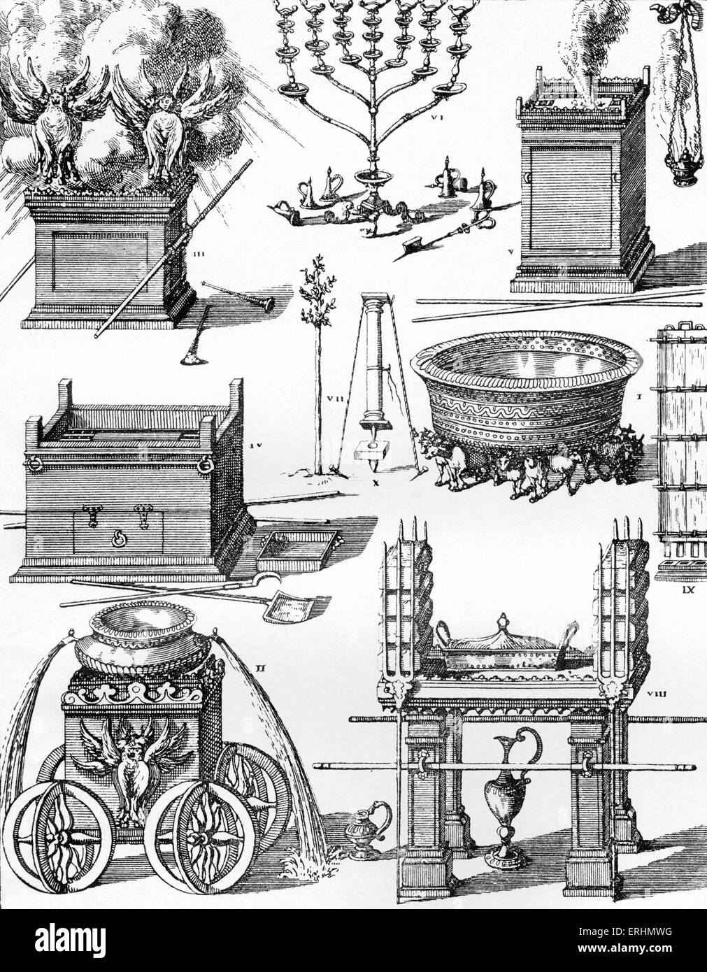 Containers, incense containers, seven branched candlestick thought to be used in Temple times. From book published in Utrecht, Stock Photo