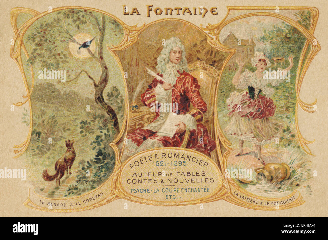 Jean de La Fontaine - French poet Sat in chair writing, with 'Le renard & le corbeau' and 'La laitiere & le pot-au lait' JF: 8 July, 1621 – 13 April 1695 Stock Photo