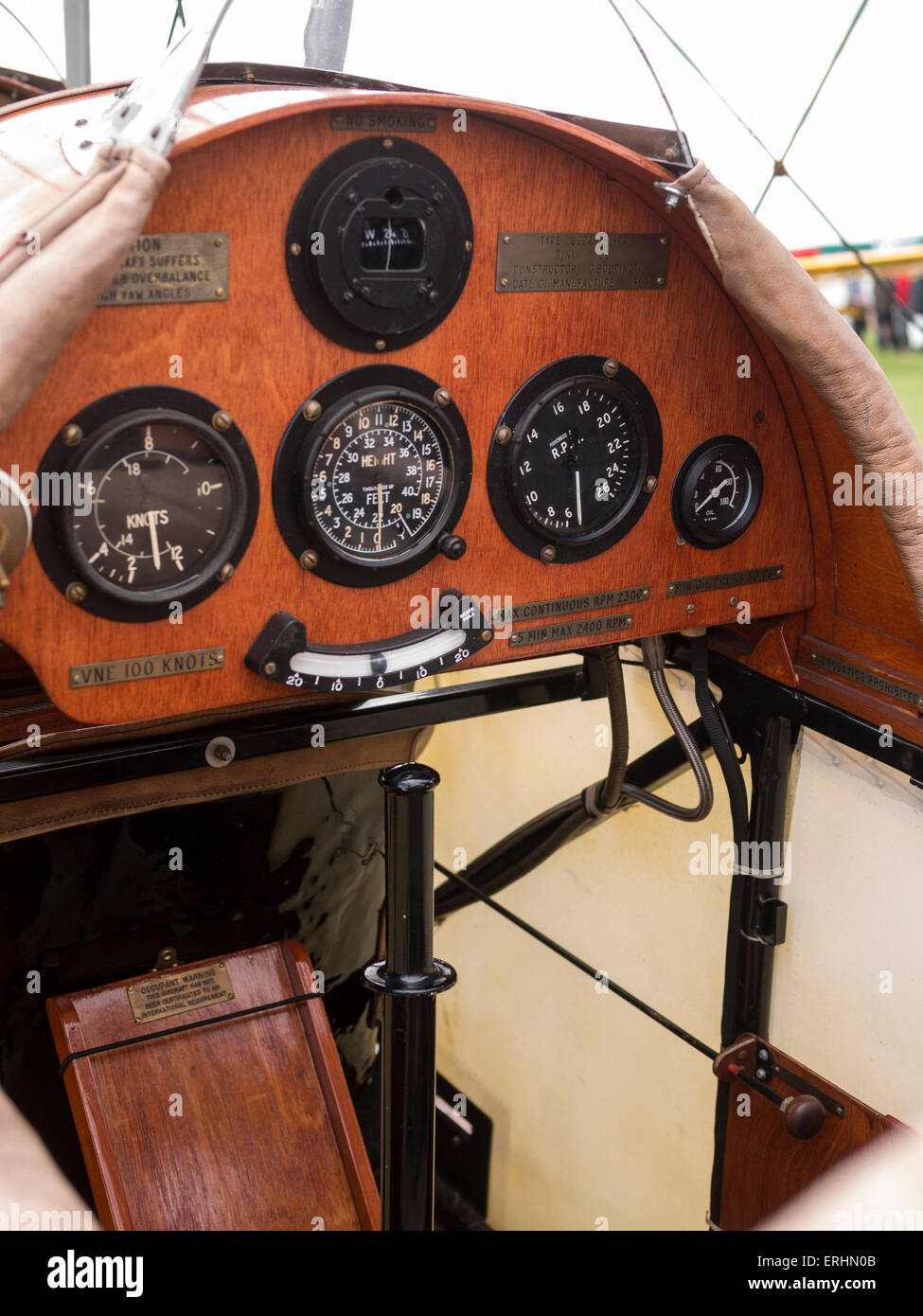 The cockpit of a 1912 era replica BE2c biplane(built in 1969) on display,at Aerexpo 2015 aviation event,at Sywell airfield,North Stock Photo