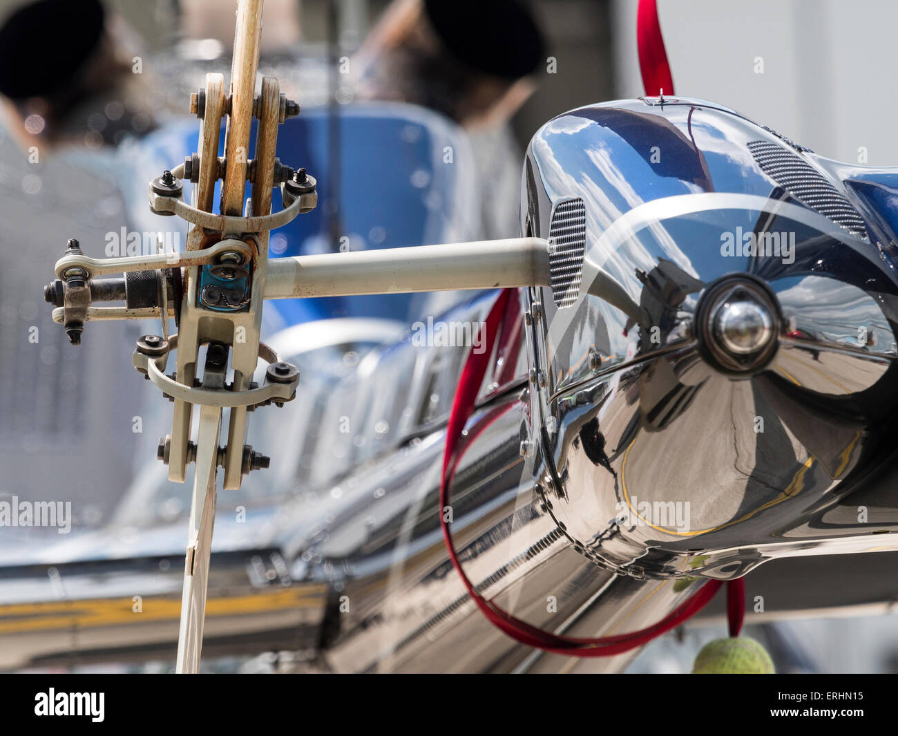 tail rotor detail of a Robinson two-seater helicopter,at Aerexpo 2015 aviation event,at Sywell airfield,Northamptonshire, Britai Stock Photo